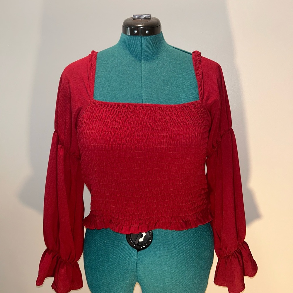 Elegant Red Smocked Women's Top